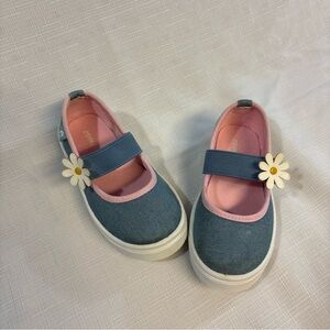 Blue and Pink Kids Shoes with Flower Accent Mary Jane’s